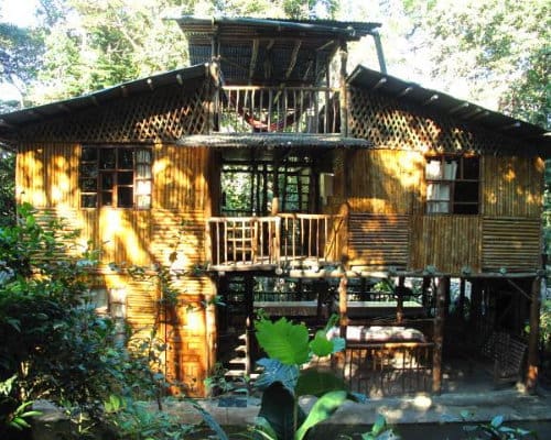 A two story lodge built from bamboo in the dappled light that shines through the surrounding forest